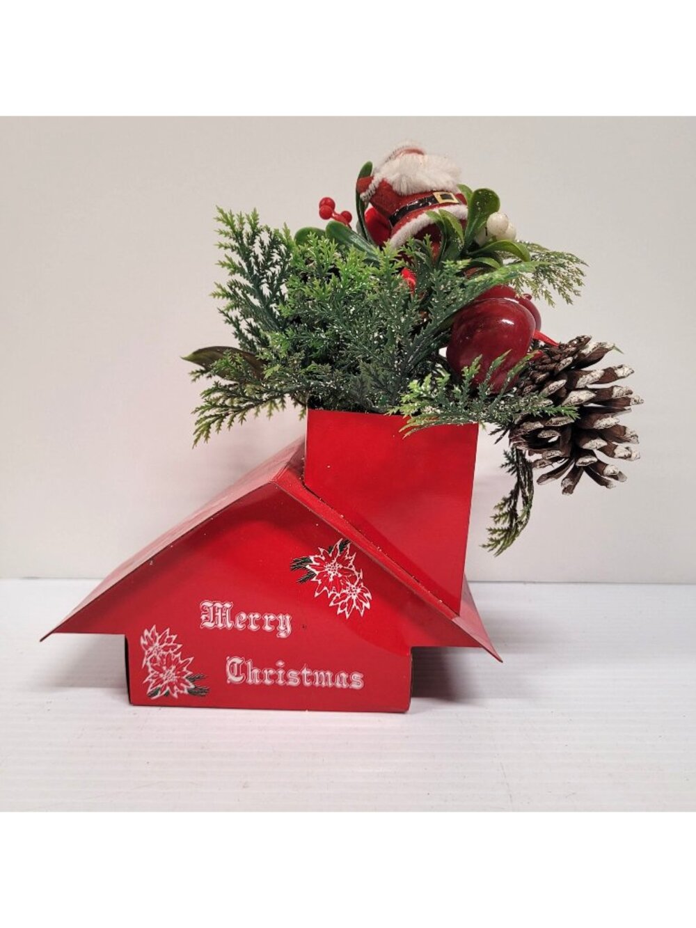 Christmas Centerpiece Metal Tin House Flocked Santa 1960s Kitsch Holiday Decor